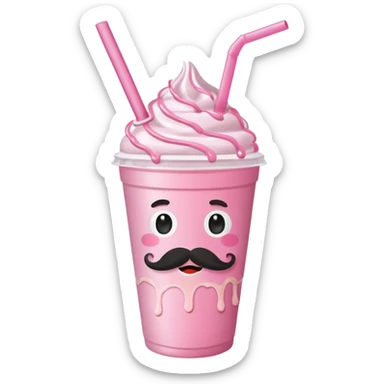 strawberry milkshake in a take-out cup with mustache sticker