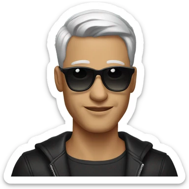 Portrait of stylish man, sliver under-cut hair style, wearing rounded ear-rings, wearing black sunglasses sticker