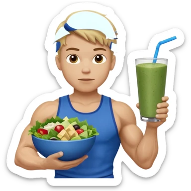 A young male person with a muscular, well-defined build. He has short dark blonde hair, a light skin tone, and a neutral facial expression. He wears blue cloth. He is holding a salad in one hand and a protein shake in the other. sticker