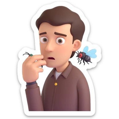 annoyed man looking at a fly sticker
