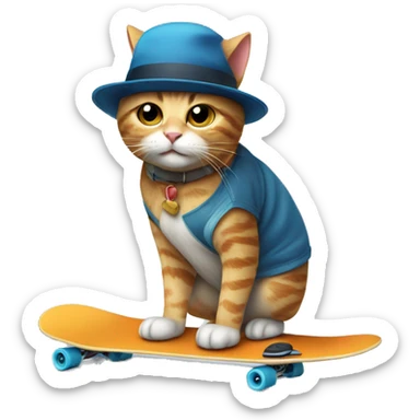 cat riding skate board with a hat sticker