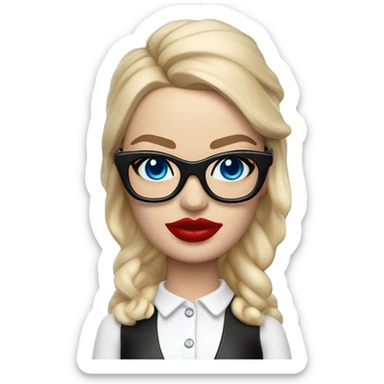  Bobble head Margot Robbie, bright blue eyes and winged eye liner, red kisses, wearing black glasses  sticker