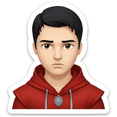 A handsome man with fair complexion. masculine, roman, slightly crooked nose. Thick triangular eyebrows. Hooded eyes and black pupils.  pouty lips with a heavy top lid.  thick black hair  80/20 part with an undercut.  sticker
