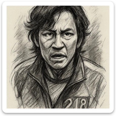 Third Squid Game Season 2 character, individual portrait, black and white, no color, pencil sketch style, dramatic expression sticker