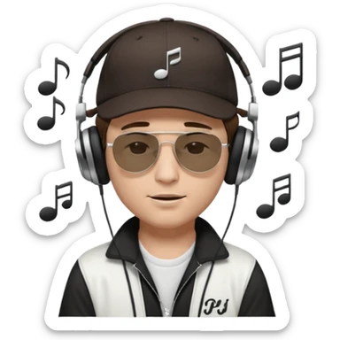 emojis.com dj-man-white-with-baseball-cap---rayban-sun-glasses-80s---brown-hair---closed-eyes-with-headphones-on-with-musical-note-over-head-(listening-to-music-)---eyes-closed-no-glasses---black-hat--musical-notes sticker