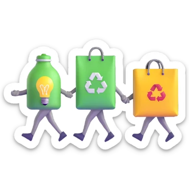 a lightbulb and a battery holding hands, carrying recycling bags, walking toward a recycling bin sticker