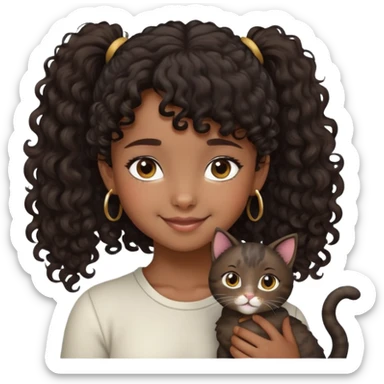 niña con el pelo oscuro, piel oscura, pelo rizado con una cola y flequillo rizado, sonrisa vergonzosa y con un gato  sticker