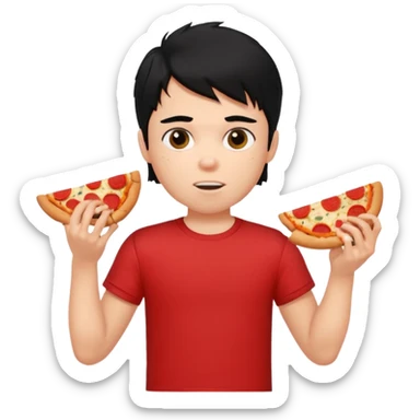 generate a pretty fair bratz boy with a messy mullet (black hair), wearing a red tshirt. eating pizza. He has big biceps sticker