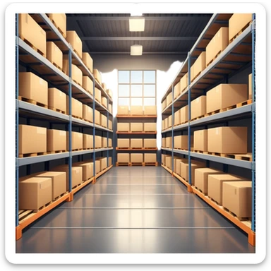 Modern warehouse interior, ultra-realistic, 4K, industrial shelves with boxes and pallets, soft lighting, realistic shadows, sharp focus, cinematic depth of field, professional photography. sticker