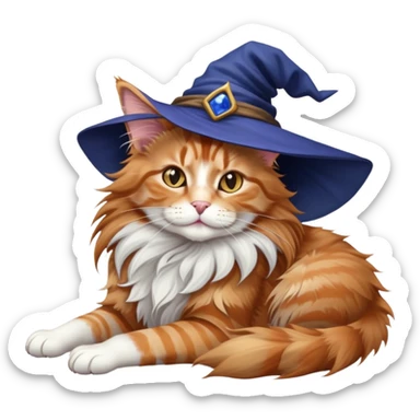 full body Maine coon ginger tabby cat flopped over on her back wearing an indigo witch hat sticker