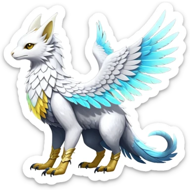 White Iridescent Colorful Exotic White, Gold, Yellow, Silver, Beaked Feathery Nocturnal Neon-glowing Abyssal Lightly Heaven-Cat-Gryphon-Salandit-Nargacuga-Silvally-Vernid-Sergal-Fakémon-Hybrid-Creature (full body) sticker