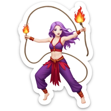 Full body rope Poi fire dance performer pale skin with long purple hair red clothes sticker