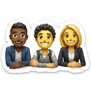 3 European students sitting at desks. They are laughing at lesson sticker