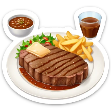 big juicy australian steak meal featuring chips, small salad in a ramikan and gravy in a small bowl on the plate sticker