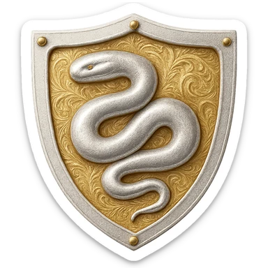 Recolor this shield to a very light metallic silver color with ornate gold engravings. Emphasize a bright, reflective silver finish and detailed gold engravings. Transparent background. sticker