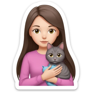 a white girl with brunette long straight hair holding a grey cat. the girl has long lashes and has on a pink shirt. sticker