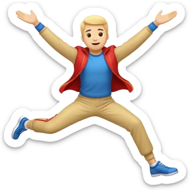 A cartoon-style emoji of a man flying backwards, leaning backward as if levitating from music, arms spread, energetic and joyful, simple bold lines, bright colors, minimal background, perfect for social media emoji, high contrast, small icon size sticker