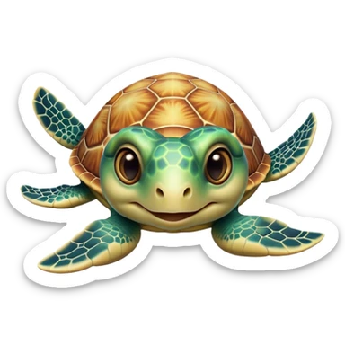 Cinematic Cute Sea Turtle Portrait Emoji, Head tilted playfully and inquisitively, featuring a charming, compact form with a beautifully patterned, domed shell and gentle, sparkling eyes full of oceanic wonder, Simplified yet irresistibly adorable features, highly detailed, glowing with a warm, friendly sea glow, high shine, affectionate and lively, stylized with a touch of whimsical marine charm, soft glowing outline, capturing the essence of a mischievous yet loving sea turtle that seems as if it could swim out of the screen into your arms! sticker