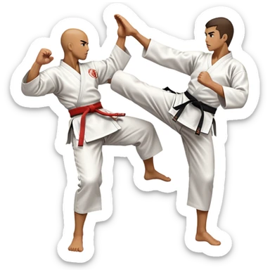 An icon symbolizing traditional Karate, featuring two opponents in a fierce battle. One fighter is delivering a high kick, while the other blocks the attack with a strong defense. The background reflects the calm yet intense atmosphere of a dojo, with traditional elements. Transparent background  sticker
