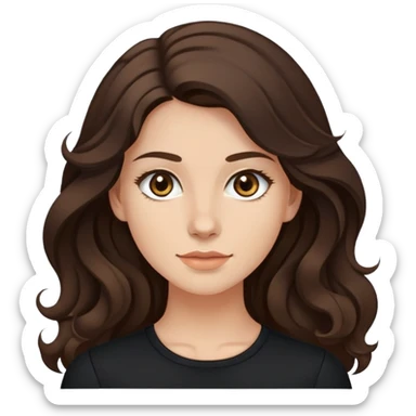 27 year old Caucasian woman with fair skin, brown eyes, long wavy dark brown hair, wearing a black top with a button sticker