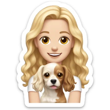 White girl with wavy blonde hair holding a Tan and white chihuahua cocker spaniel mix happy with shorter ears sticker