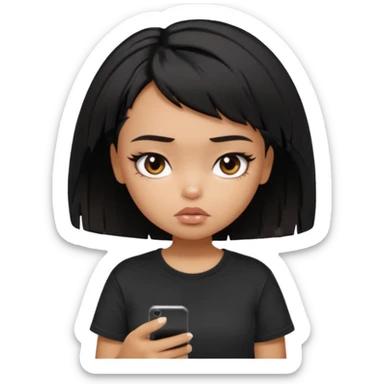 generate a pretty bratz girl with short black very messy hair, looking tired and using her phone, wearing an oversized black tshirt sticker