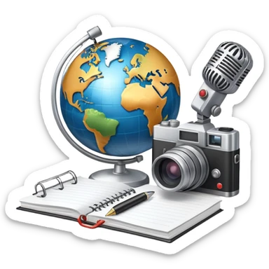 An icon showing a microphone, a notepad, and a camera, symbolizing journalism. The design includes a globe in the background, representing global news, and a breaking news banner for emphasis. Transparent background highlights the dynamic world of media and reporting. sticker