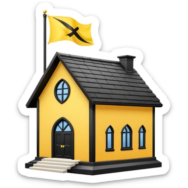 white background, magic school, black roof, with a big flag, big flag on a roof, big yellow flag, white school sticker
