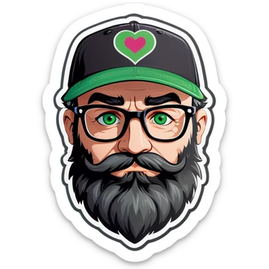A bold man with a grey baseball cap, green eyes, big beard and glasses with hearts in his eyes sticker