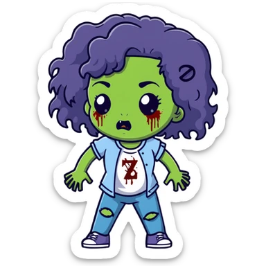 girl zombie with black long curly hair, emo style sticker