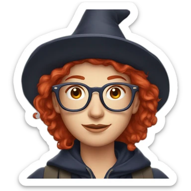 red bull witch journalist with red hair, rectangle eyeglasses and wizards hat sticker