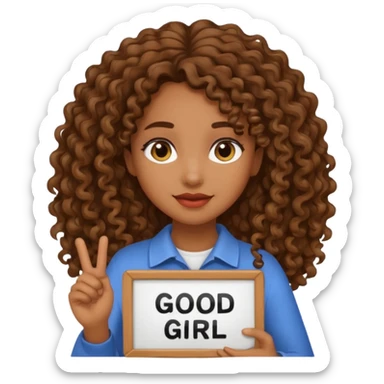 A girl with medium brown skin and long curly holding a sign saying good girl sticker