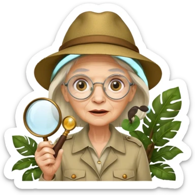 an old woman with jungle and magnifying glass sticker