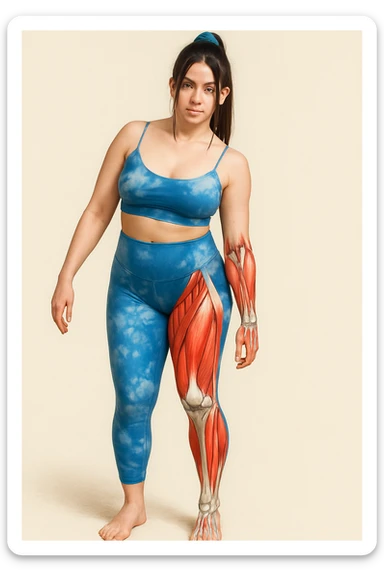 Create a realistic anatomical illustration inspired by the reference photo of the woman in the same pose. Highlight the right leg (her right, on the left side of the image) as the weight-bearing leg, with a color overlay to emphasize muscles and bones. The rest of the body should remain realistic. Emphasize the anatomical structures of the right leg clearly with a realistic style. sticker
