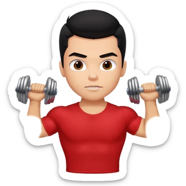 a pretty bratz boy with black hair and a red tshirt, big biceps picking up dumbells sticker