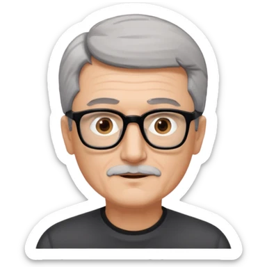 man 60 short grey hair, brown eyes small black rectangle glasses, no beard and no mustache sticker