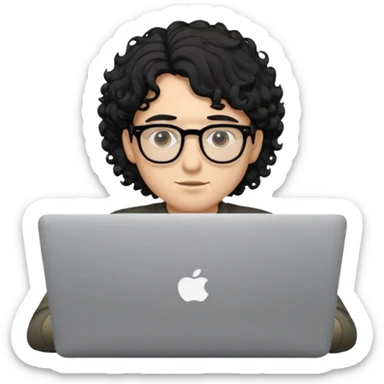 guy with wavy kinda curly black hair and light-to-medium skin tone like latino, half white and brown and glasses, with a macbook sticker