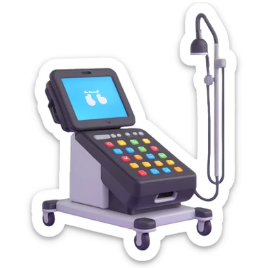 3D emoji-style ultrasound machine, with wheels and control panel, clean and professional sticker