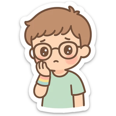 anime boy with glasses, rainbow wristband, shy expression, soft lighting, warm atmosphere sticker