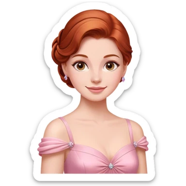 Cinematic Radiant Sleeping Beauty Portrait Emoji, rendered in a realistic, vector style with clean proportions. Show Aurora with a gentle smile, porcelain skin, and beautifully styled auburn hair, wearing her classic pink gown. The image glows with a soft, inviting radiance and high shine, accentuated by a soft glowing outline that enhances her graceful charm. sticker