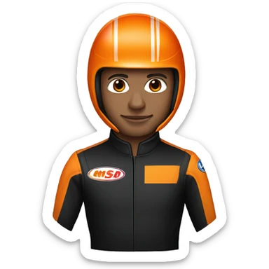 Head and shoulders of a race car driver wearing a black suit with orange stripes and a black helmet with an orange design  sticker
