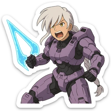 female, wearing reach spartan armor default, long white braid hair with massive messy front side single bangs, gold yellow eyes, attention pose, HALO:series, no helmet, the armor is lavender color scheme, shoulder pad off. DDD bust size fitting. Punk gothic cyberpunk, brandishing a covenant energy sword, preparing to swing and yelling sticker