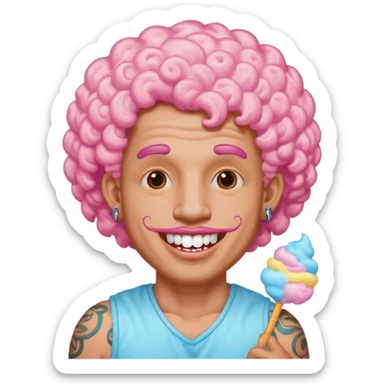 very cheerful colorful puffy curly haired man made out of cotton candy with teeth-braces and tattoos and face tattoos just face  sticker