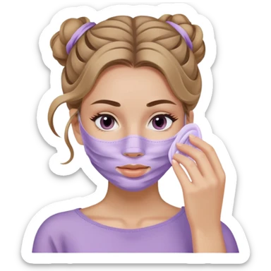 caucasian girl with long wavy dark blonde hair in messy bun applying lilac skincare mask covering face sticker
