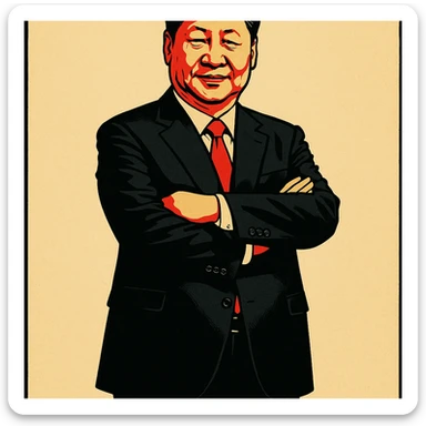 centered full-body portrait, Xi Jinping lookalike, arms crossed, black suit, red tie, bold poster-like style, plain background sticker