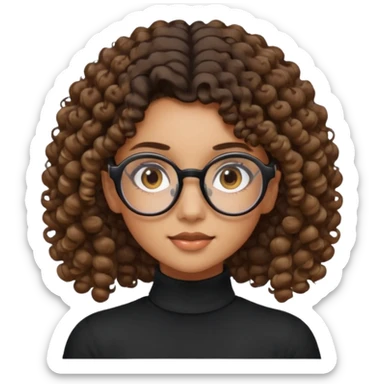 un chica con pelo rizado tiene hecha una coleta y con dos rizos sueltos en la parte de alante que le llega hasta el cuello. luego pil un poco morena ojos marrones y tiene gafas negras y son exagonales pero un poco redondeadas. sticker