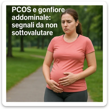 Donna in abbigliamento sportivo, cammina all’aperto con passo lento, una mano sulla pancia gonfia, espressione seria, testo in italiano: 'PCOS e gonfiore addominale: segnali da non sottovalutare', sfondo parco, qualità 4K sticker