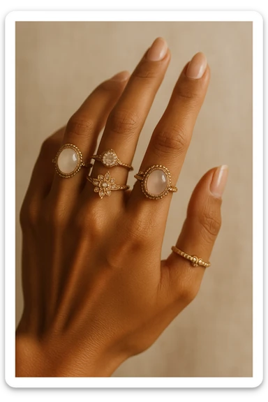 a beautiful tanned woman's hand covered in rings, elegant, detailed jewelry, feminine sticker