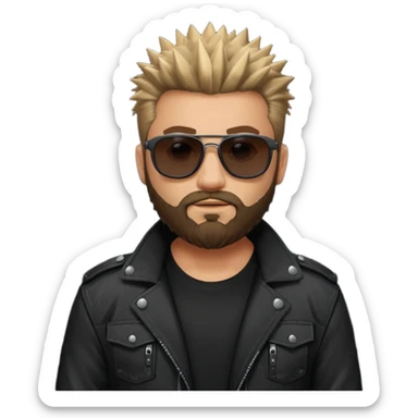 biker gang with black sunglass and rugged and bulky guy bearded spicks hair black jacket sticker