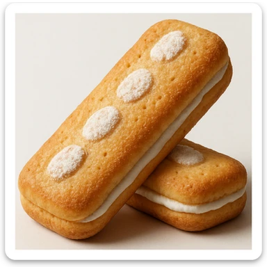 Make the ladyfinger biscuits more realistic: enhance the natural golden-brown color, add more detailed airy and spongy texture, increase the realism of the powdered sugar dusting, and refine the soft highlights and shadows for a true-to-life 3D look. Keep the arrangement and background the same, no anthropomorphic features. The style should maintain the original realistic photographic look of the biscuits. sticker